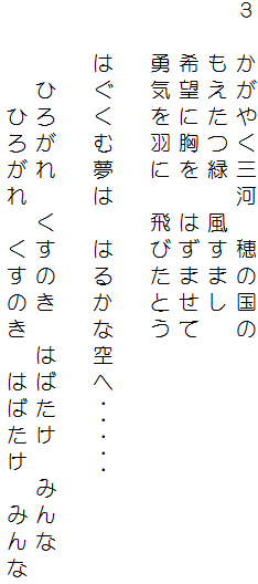 ３　かがやく三河　穂の国の
　　もえたつ緑　風すまし
　　希望に胸を　はずませて
　　勇気を羽に　飛びたとう

　　はぐくむ夢は　はるかな空へ･････

　　　ひろがれ　くすのき　はばたけ　みんな
　　　　ひろがれ　くすのき　はばたけ　みんな